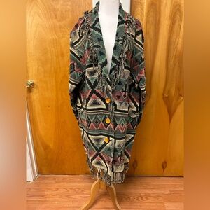 Northern Style Aztec western style fringe cotton tapestry long coat size medium